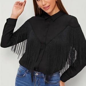 New With No Tags SHEIN BAE Solid Fringe Trim Black Button Up Shirt Size XL